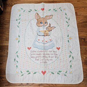 Hand Stitched Made Folk Art Baby Blanket Decor Heart Bunny Embroidered Quilt
